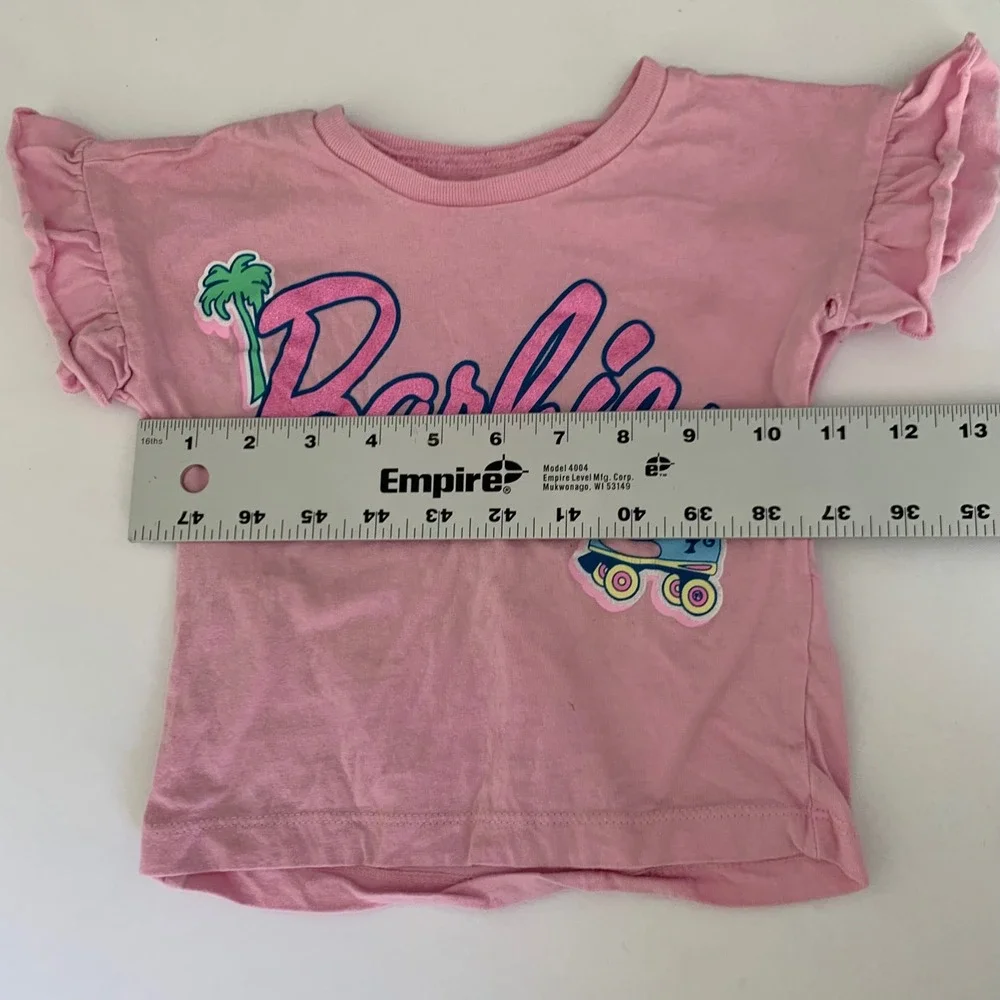 Barbie Shirt Girls 18M Pink Ruffle Sleeve Graphic Tee Roller Skate Mattel Preppy